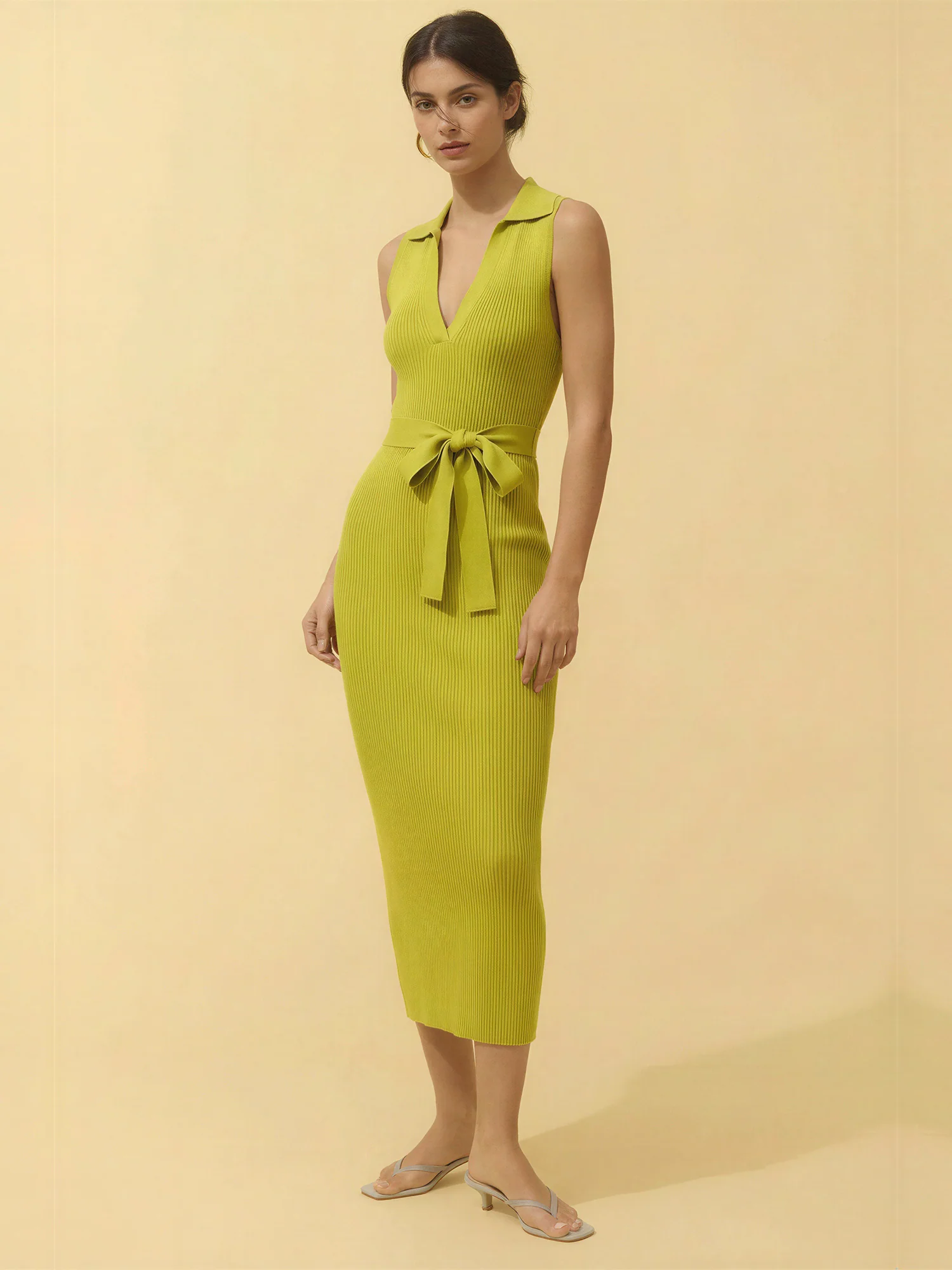 Sleeveless Collared Tie Waist Knit Midi Dress - Image 2