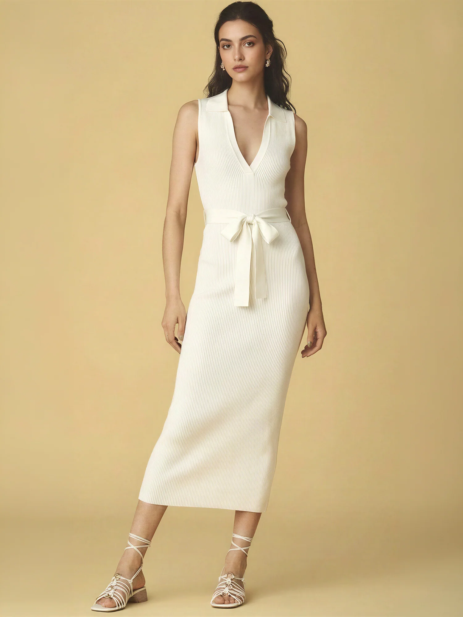 Sleeveless Collared Tie Waist Knit Midi Dress - Image 7