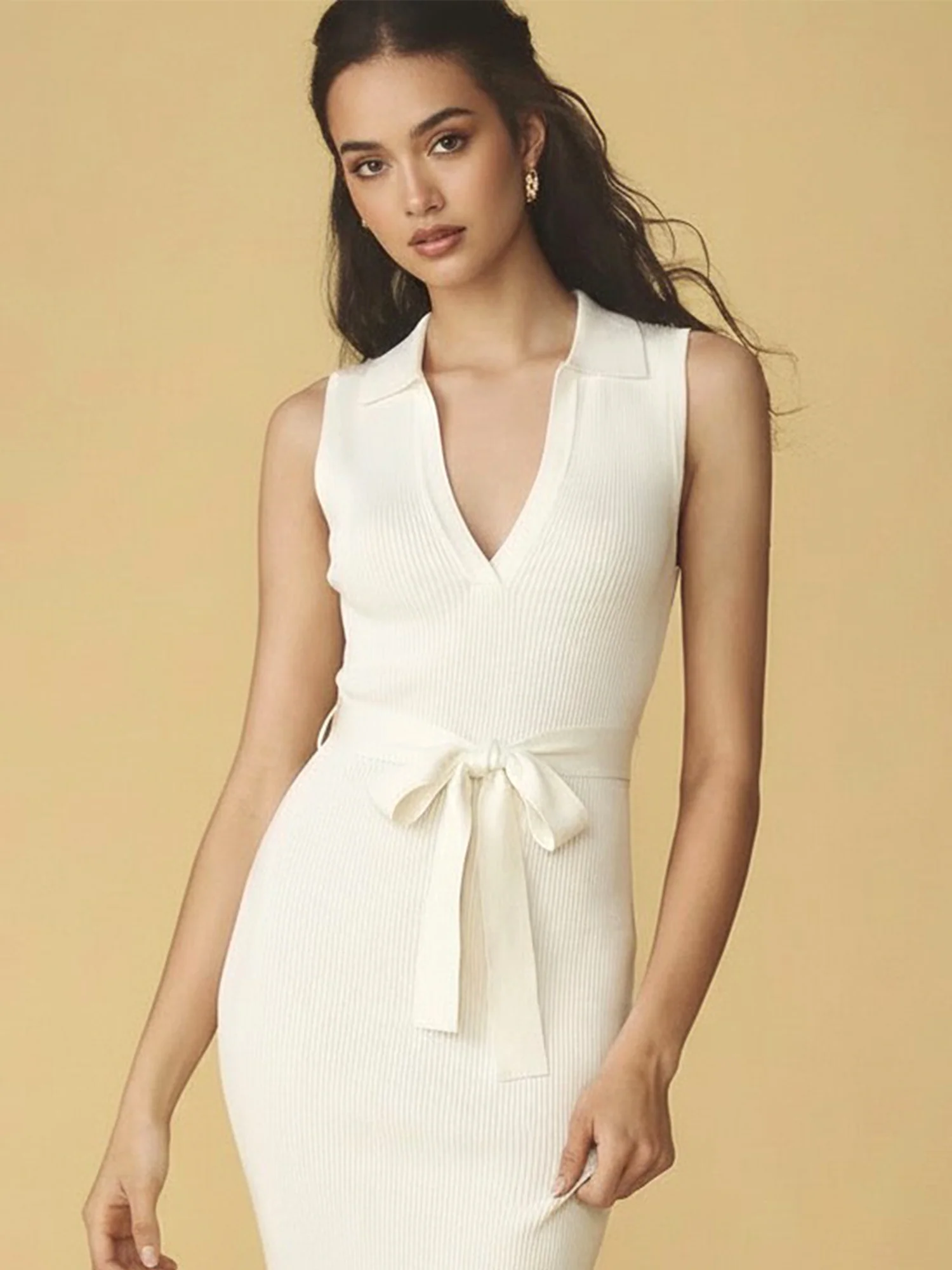 Sleeveless Collared Tie Waist Knit Midi Dress - Image 8