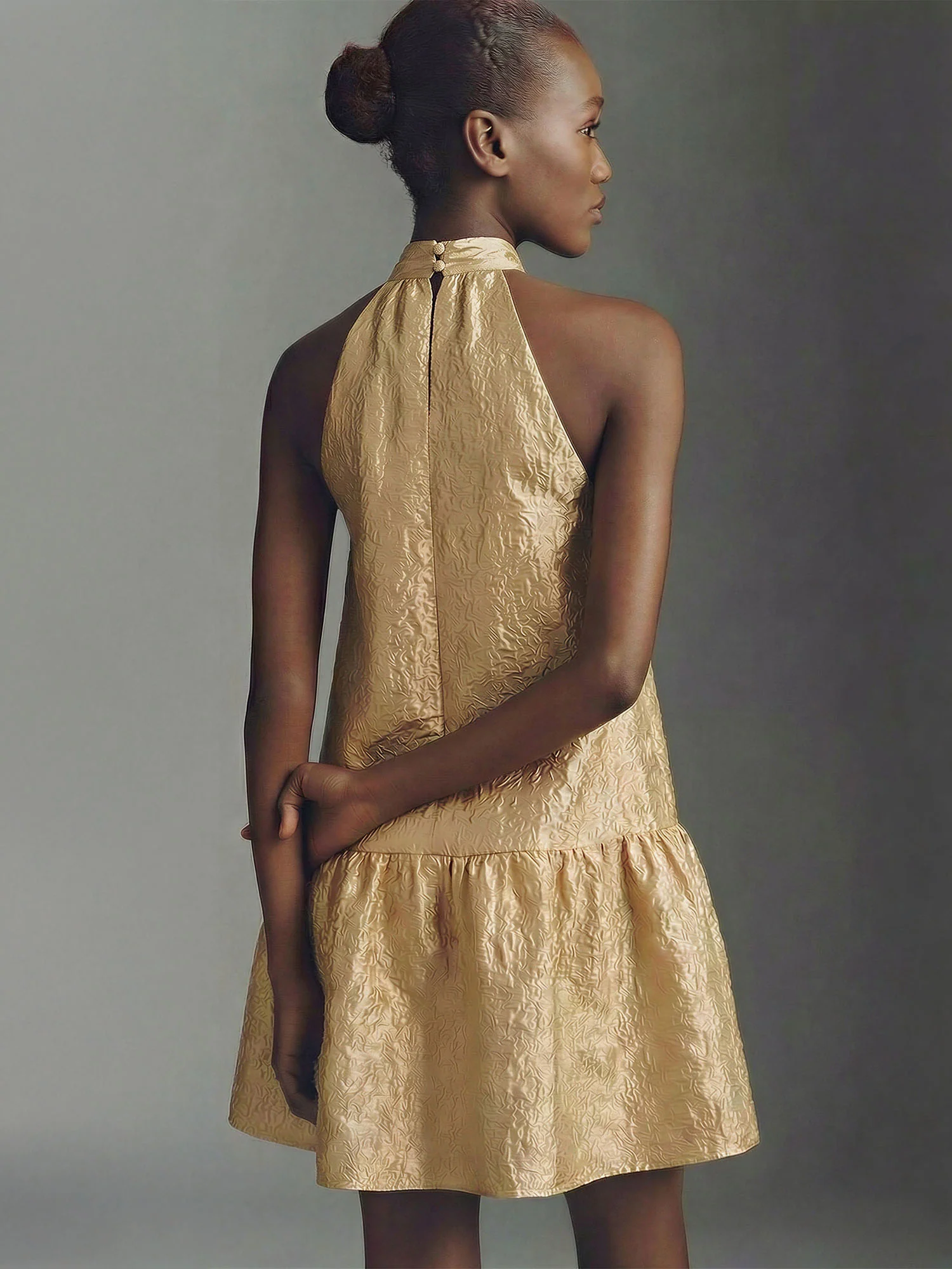 Gold Jacquard Bow Neck Shift Mini Dress - Image 5