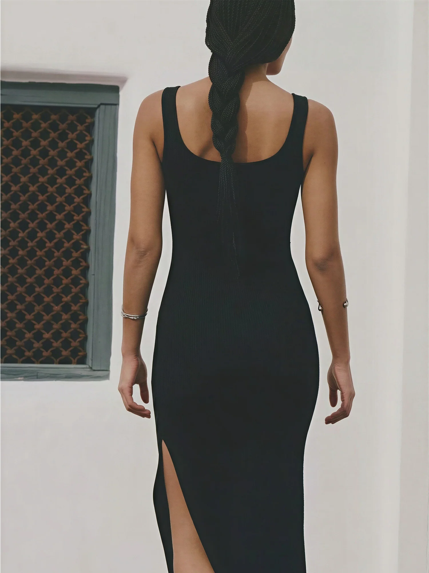 Sleeveless Pendant Knit Side Slit Midi Dress - Image 4