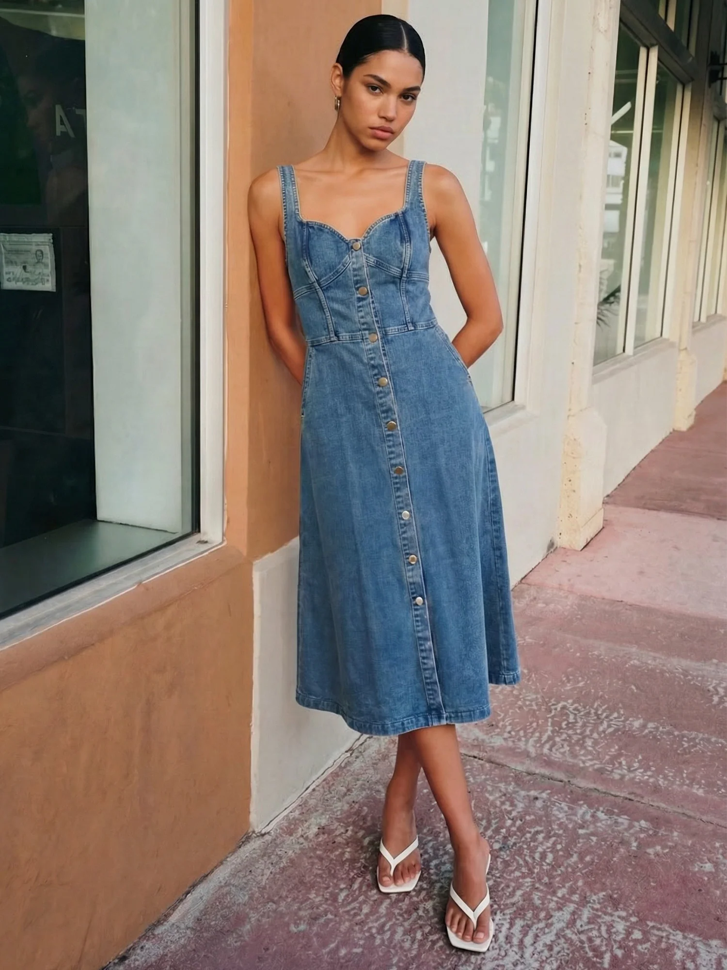 Sleeveless Sweetheart Button Front A-Line Midi Dress