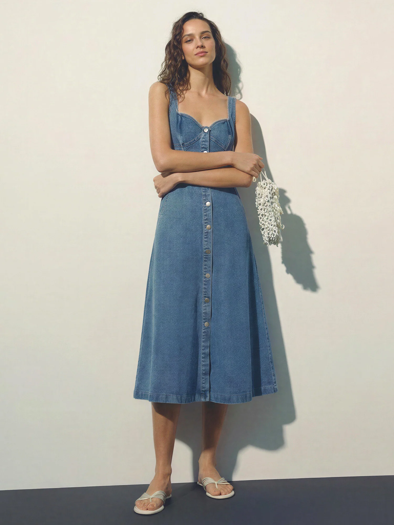 Sleeveless Sweetheart Button Front A-Line Midi Dress - Image 2