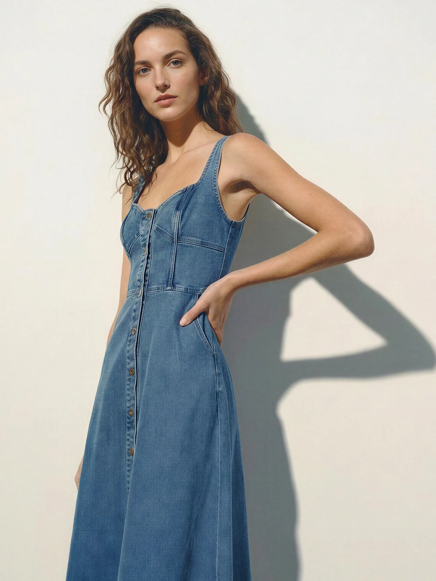 Sleeveless Sweetheart Button Front A-Line Midi Dress - Image 3