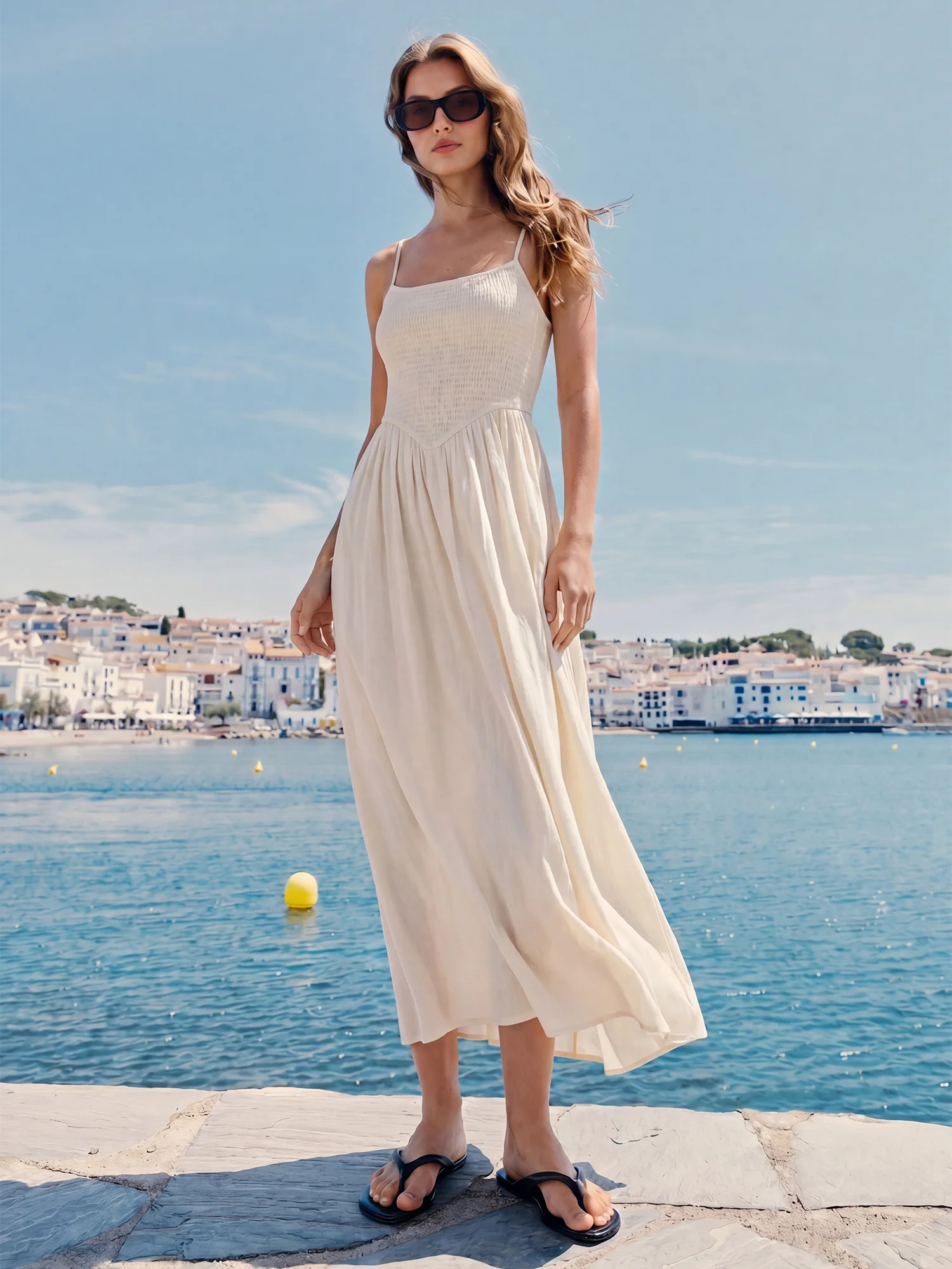 Spaghetti Strap Ruched Bodice A Line Midi Sun Dress