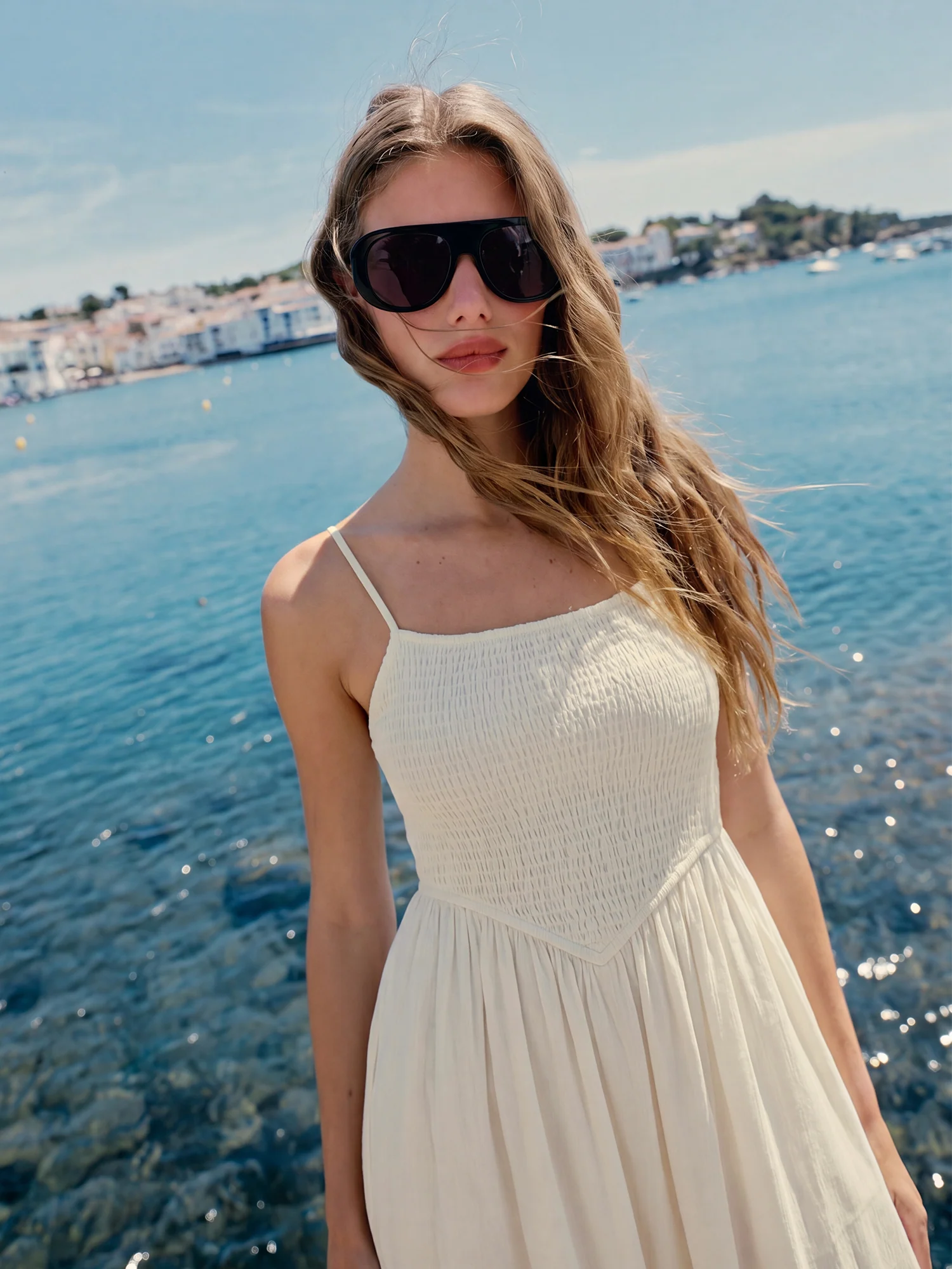 Spaghetti Strap Ruched Bodice A Line Midi Sun Dress - Image 2