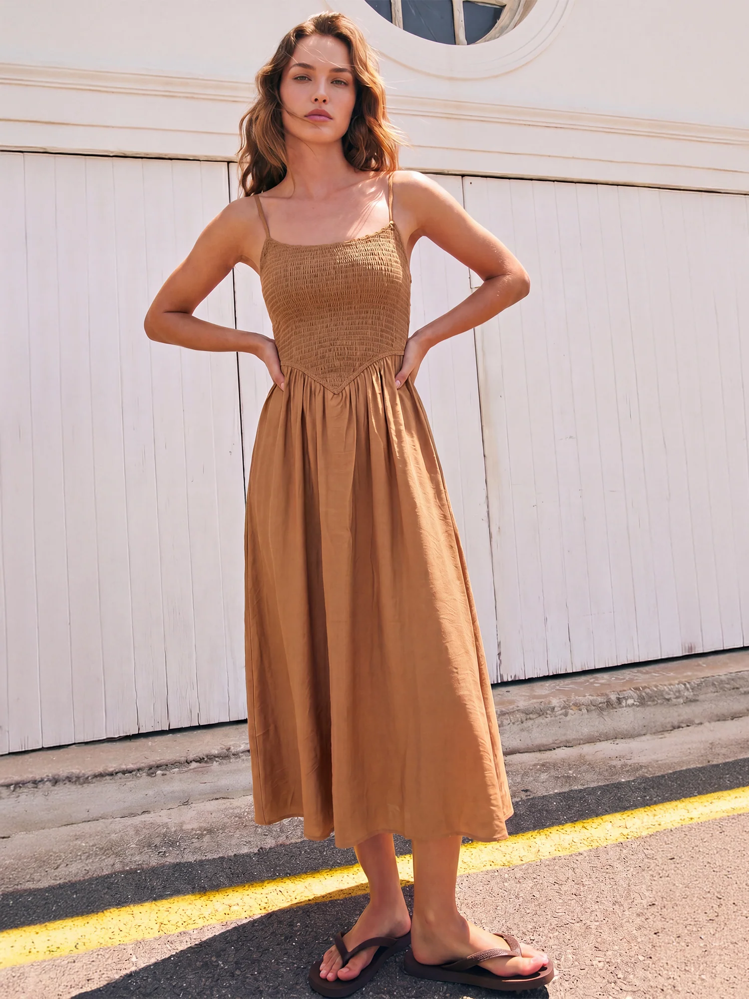 Spaghetti Strap Ruched Bodice A Line Midi Sun Dress - Image 5
