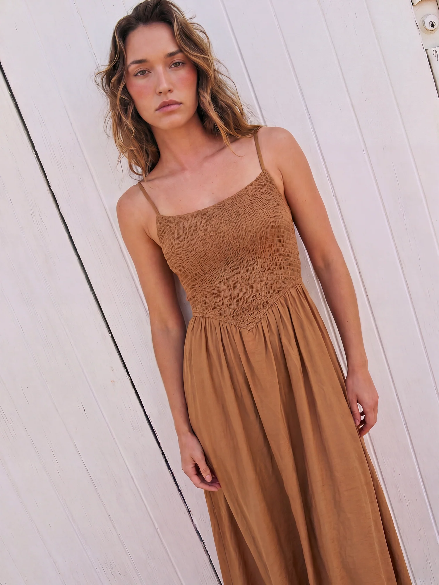 Spaghetti Strap Ruched Bodice A Line Midi Sun Dress - Image 7