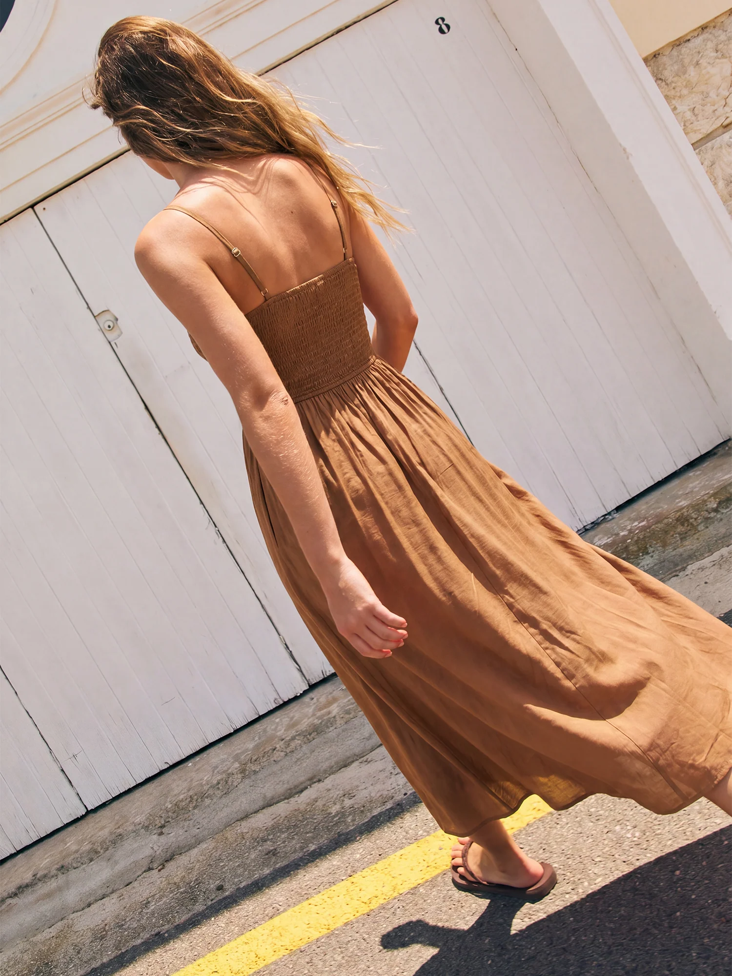 Spaghetti Strap Ruched Bodice A Line Midi Sun Dress - Image 8