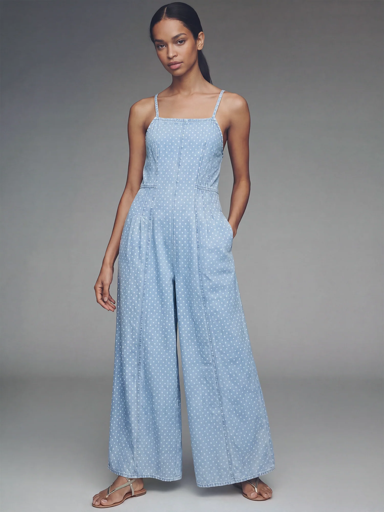 Sq Neck Slevless Detail Polka Dot Printed Jumpsuit