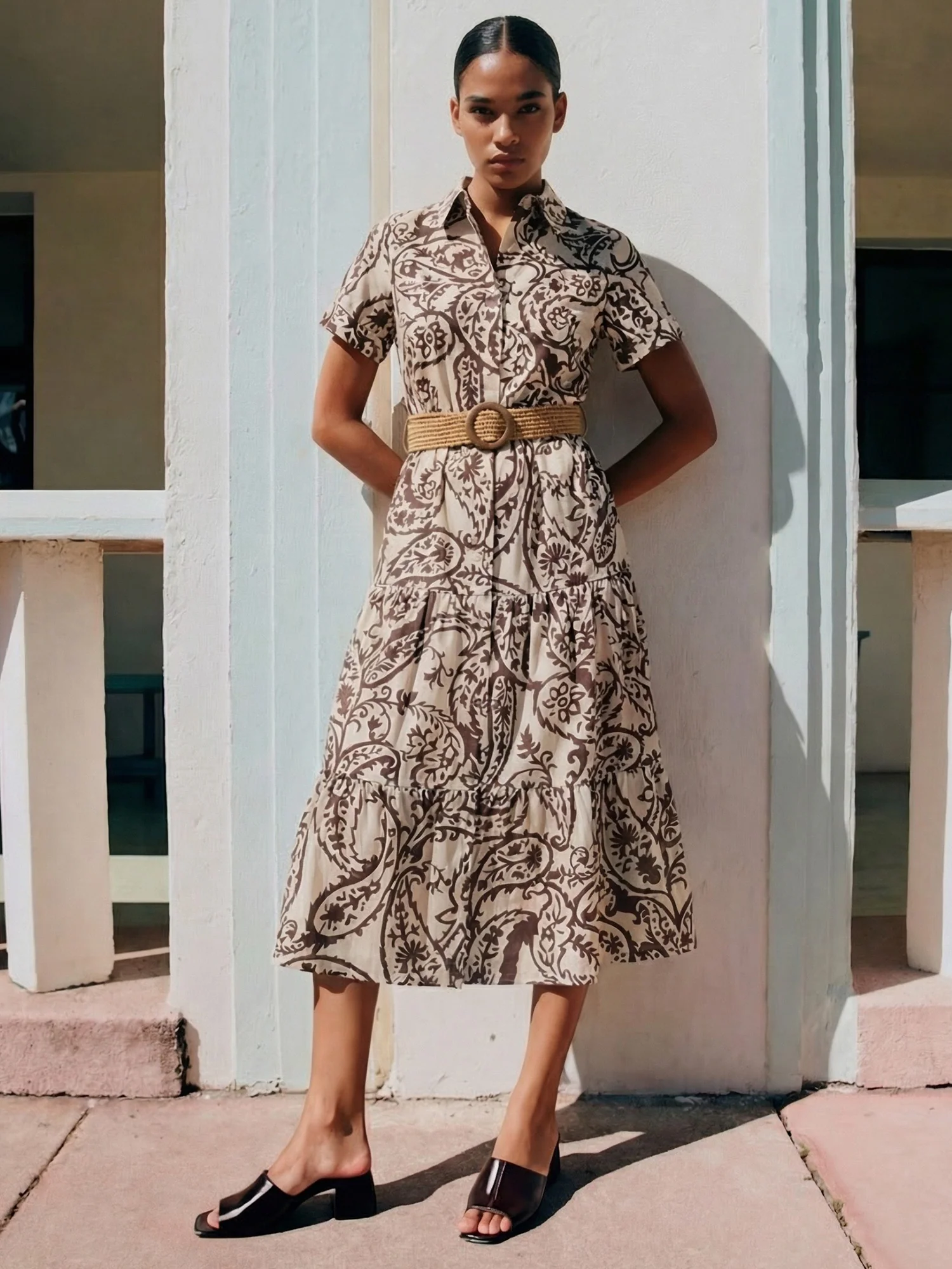 Short Sleeve Cotton Poplin Foliage Print Shirt A Line Midi Dress