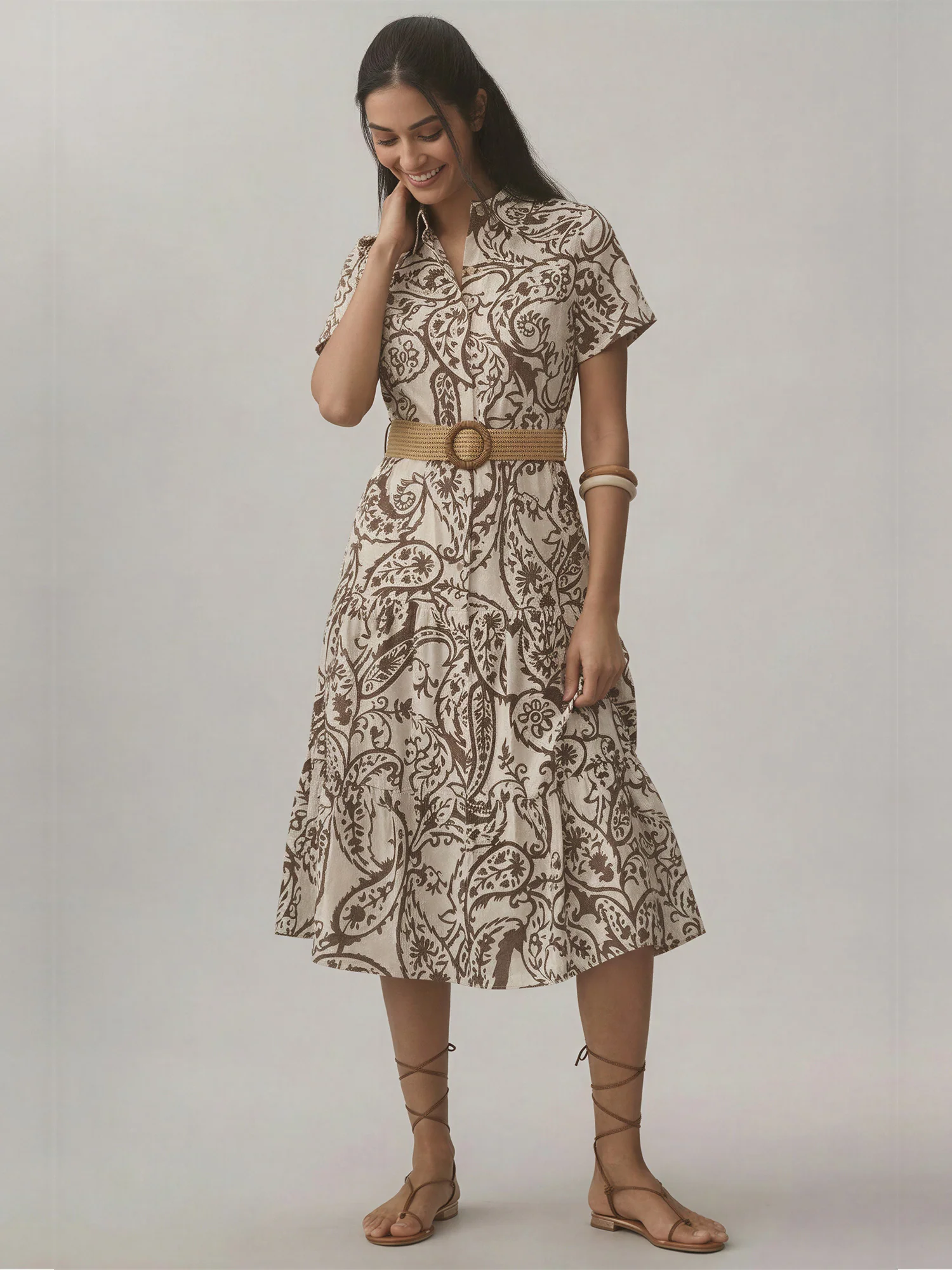 Short Sleeve Cotton Poplin Foliage Print Shirt A Line Midi Dress - Image 2