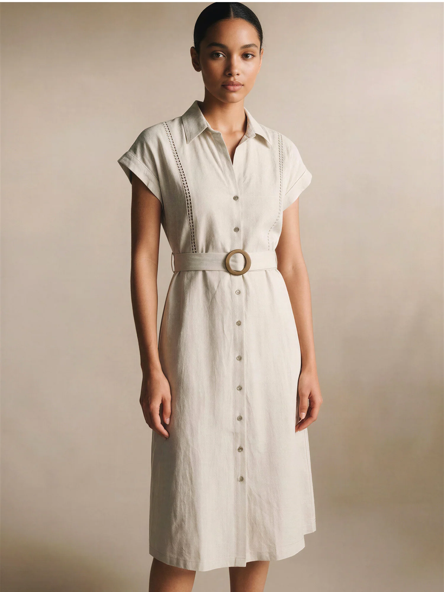 Short Sleeve Crochet Trim Linen A Line Shirt Midi Dress - Image 3