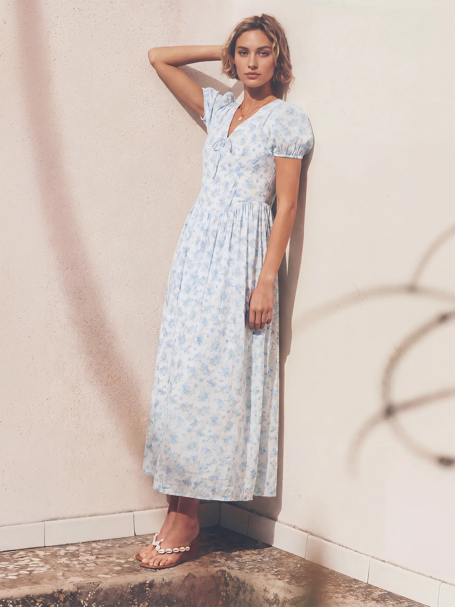 Short Sleeves Floral Bow Bias Sun Midi Dress