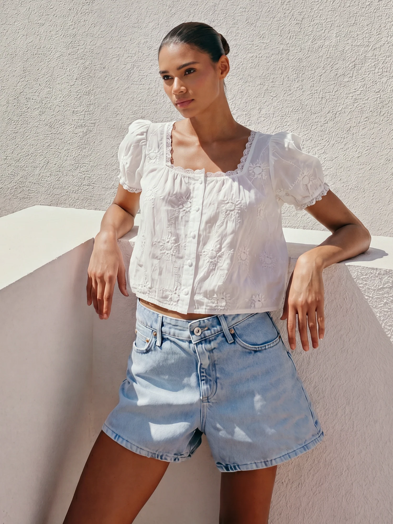 Short Sleeves Peasant Square Neck Button Blouse