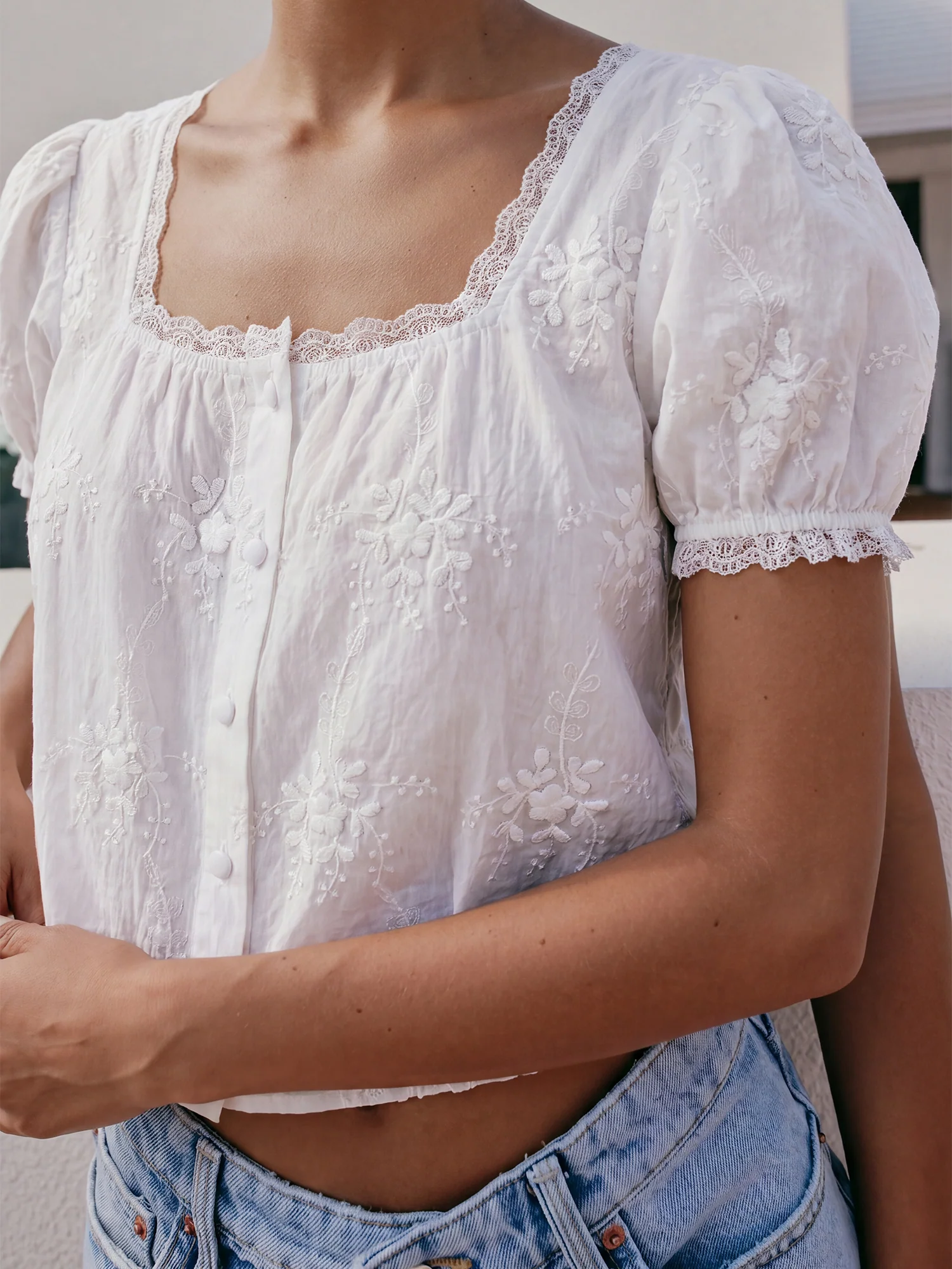 Short Sleeves Peasant Square Neck Button Blouse - Image 2