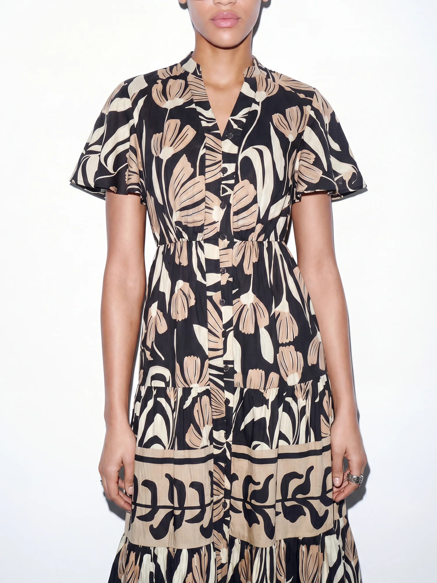 Short Sleeve Puff Sleeve Block Print Shirt Midi Dress - Image 3