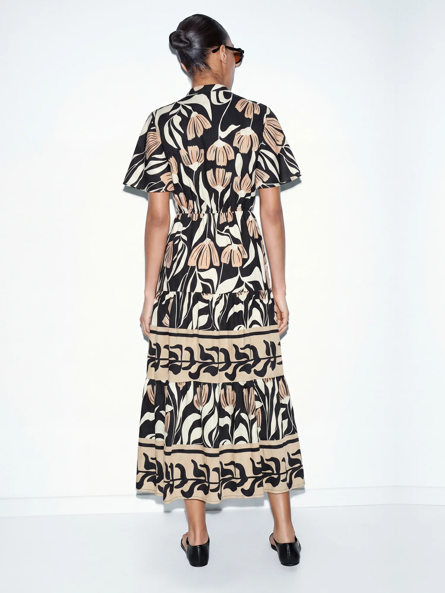 Short Sleeve Puff Sleeve Block Print Shirt Midi Dress - Image 4