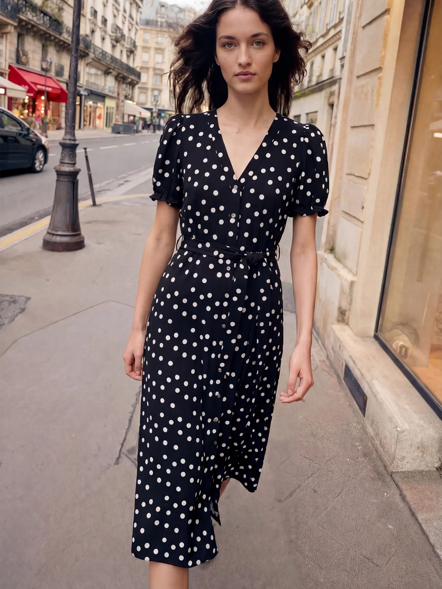 Short Sleeve Puff Sleeve Polka Dot Crepe Shirt Midi - Image 7