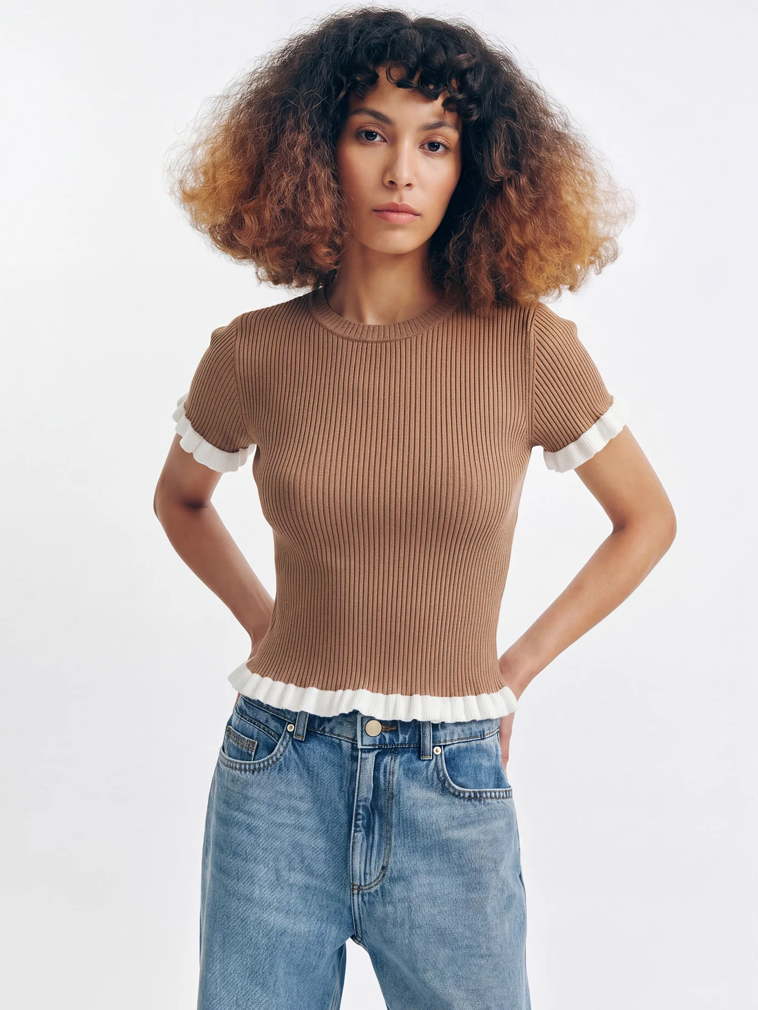 Short Sleeve Rib Knit Contrast Trim Top - Image 5