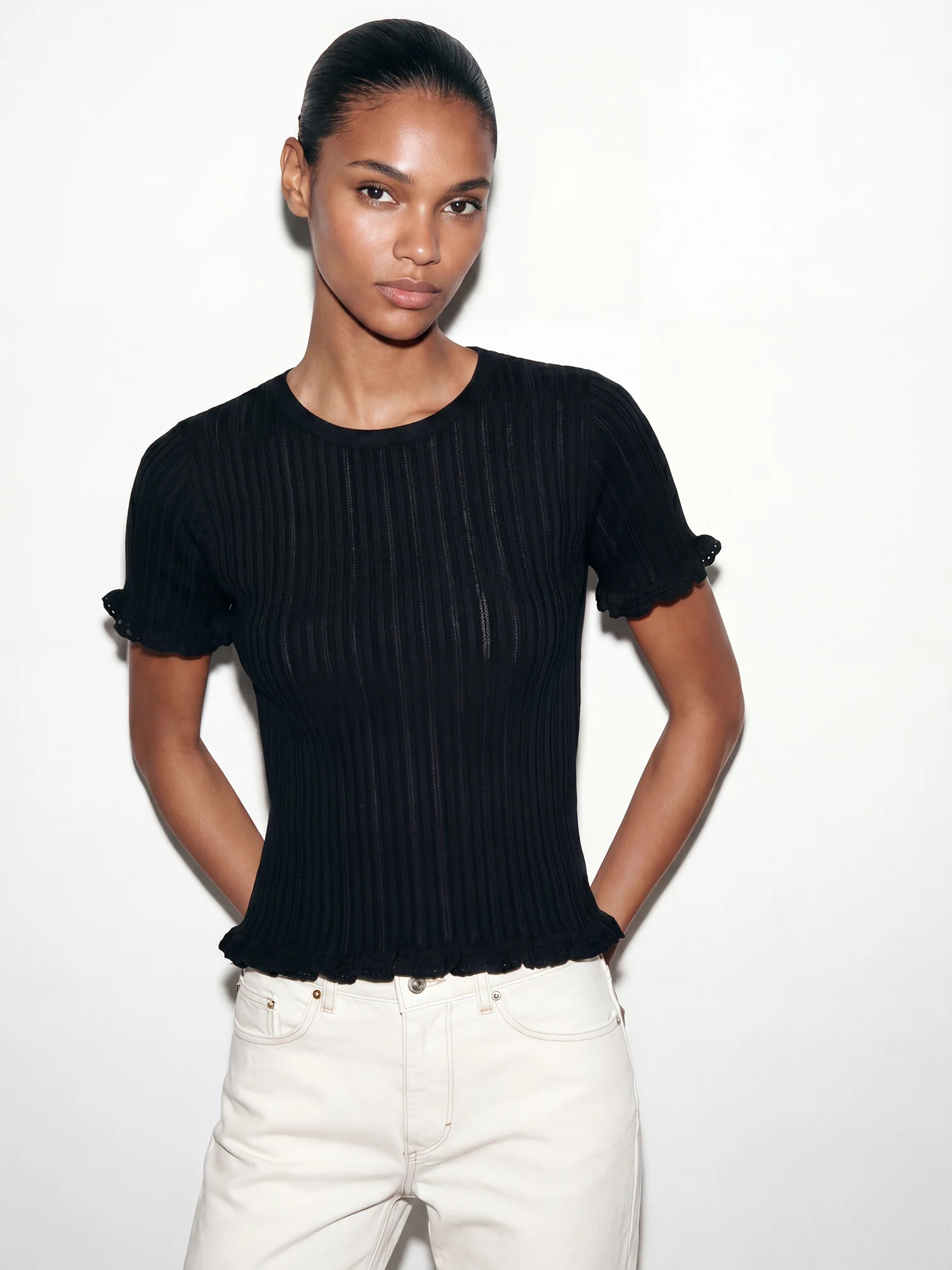 Shortsleeves Rib Knit Ruffle Trim Top