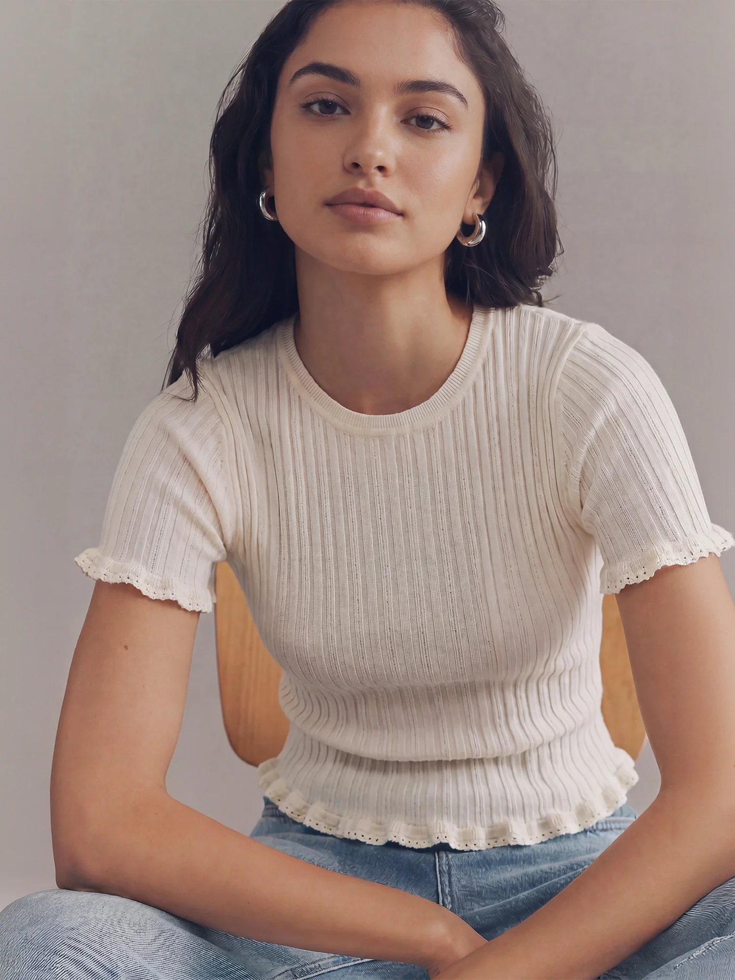Shortsleeves Rib Knit Ruffle Trim Top - Image 8