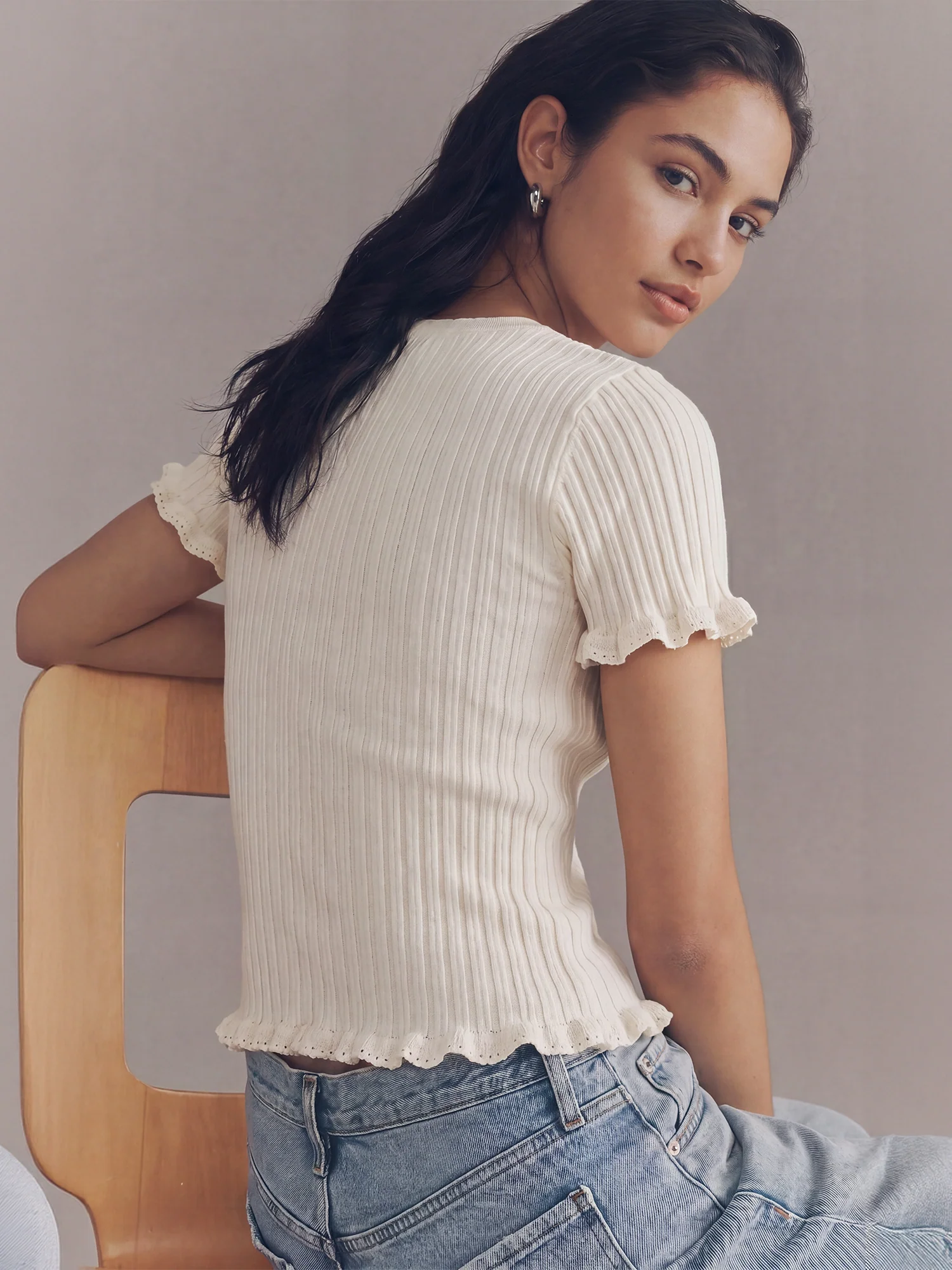 Shortsleeves Rib Knit Ruffle Trim Top - Image 9