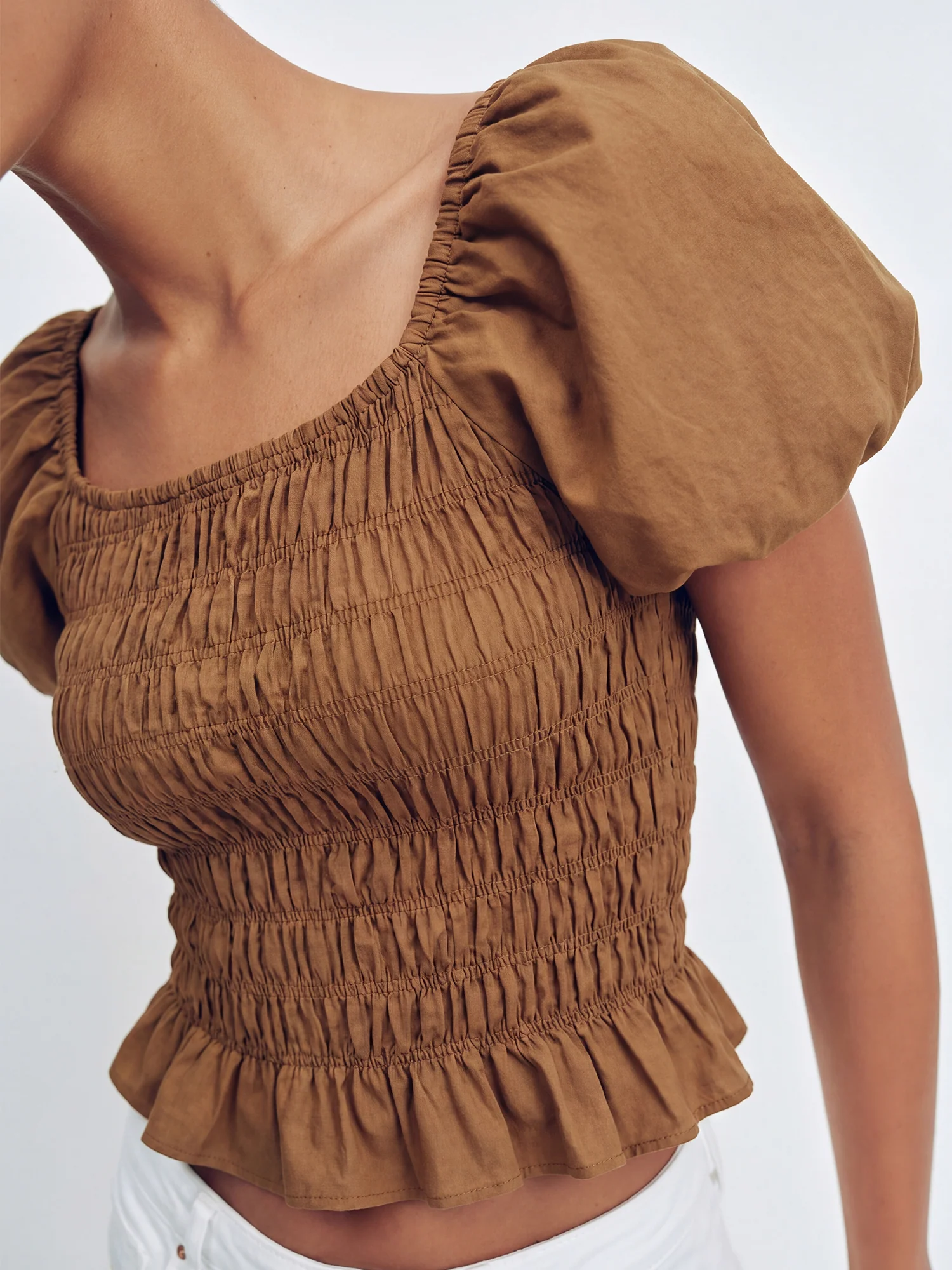 Short Sleeve Smocked Bodice Puff Sleeve Top - Image 3
