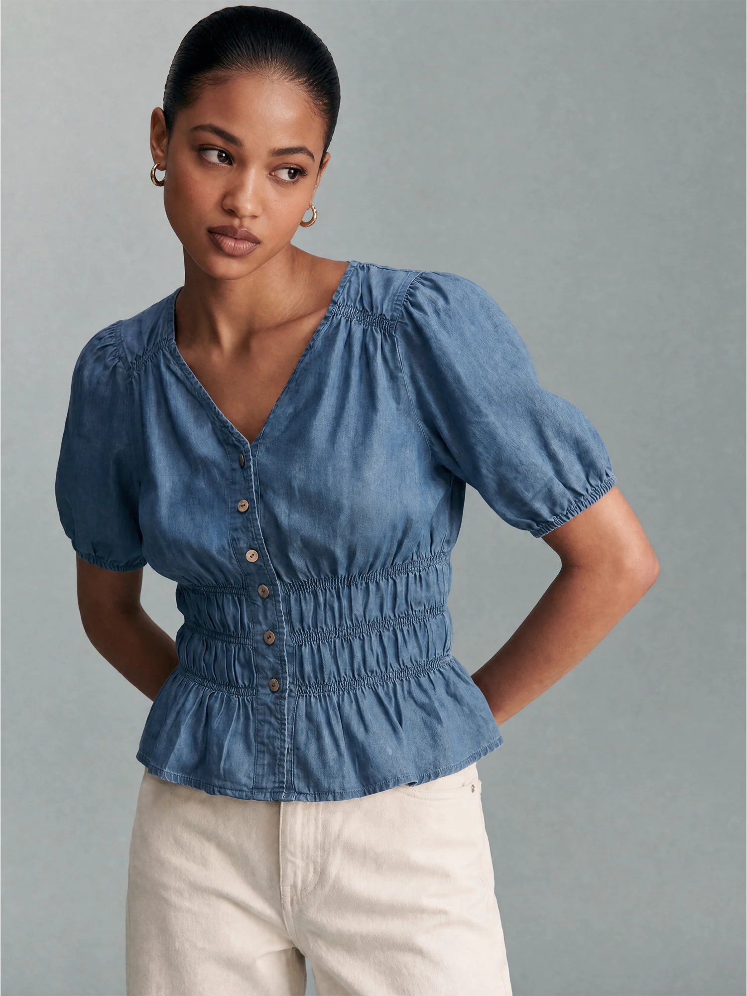 Shortsleeves V Neck Tencel Blouse - Image 2