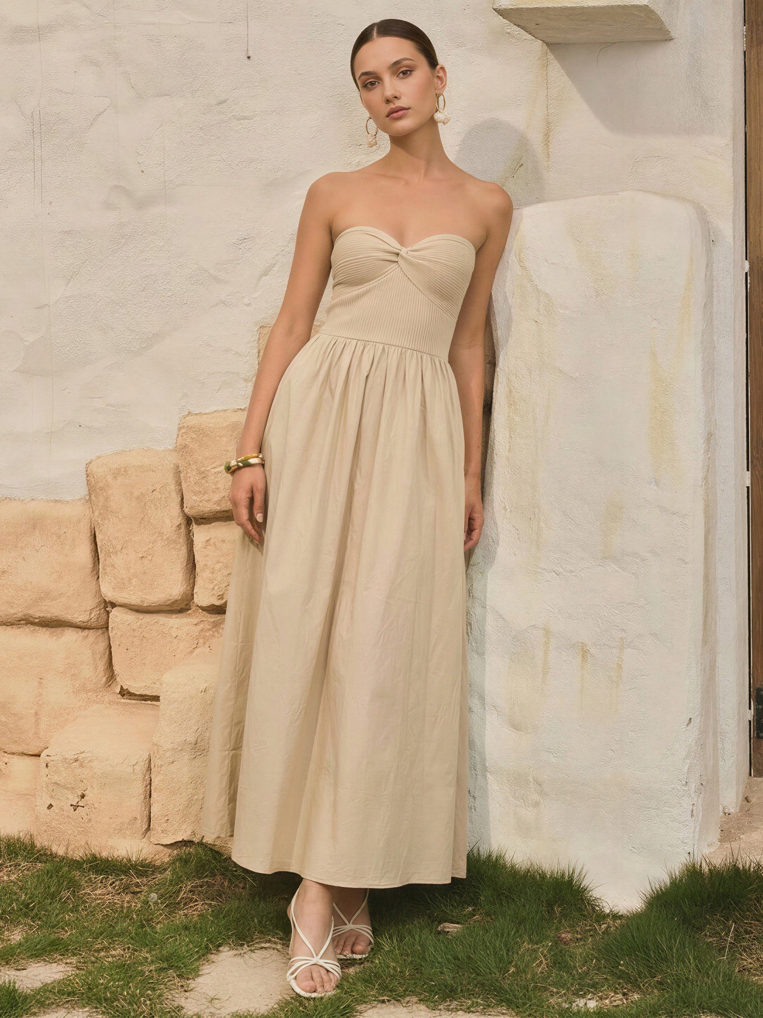 Strapless Mixed Media Poplin Fit And Flare Maxi Dress