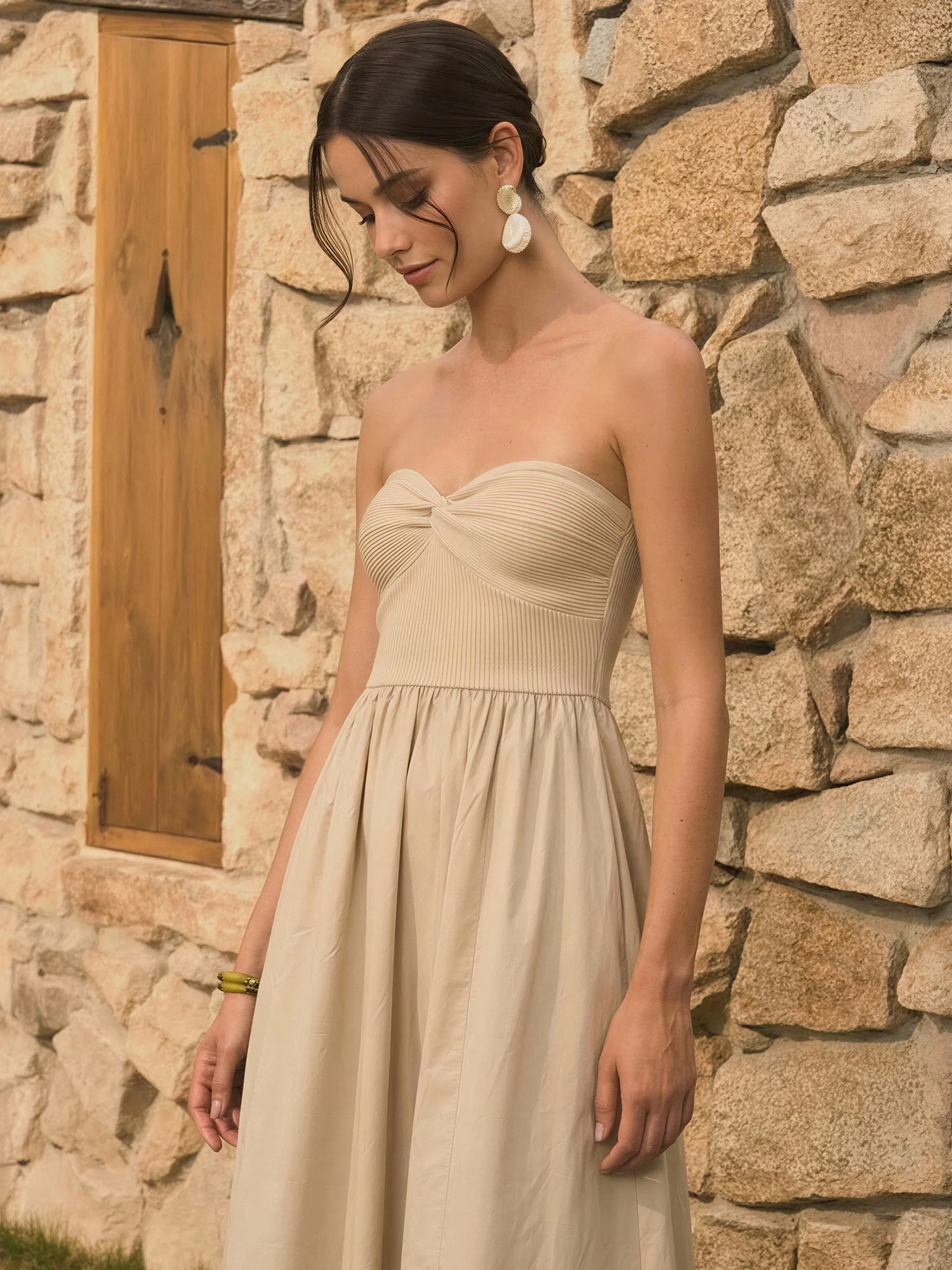 Strapless Mixed Media Poplin Fit And Flare Maxi Dress - Image 3