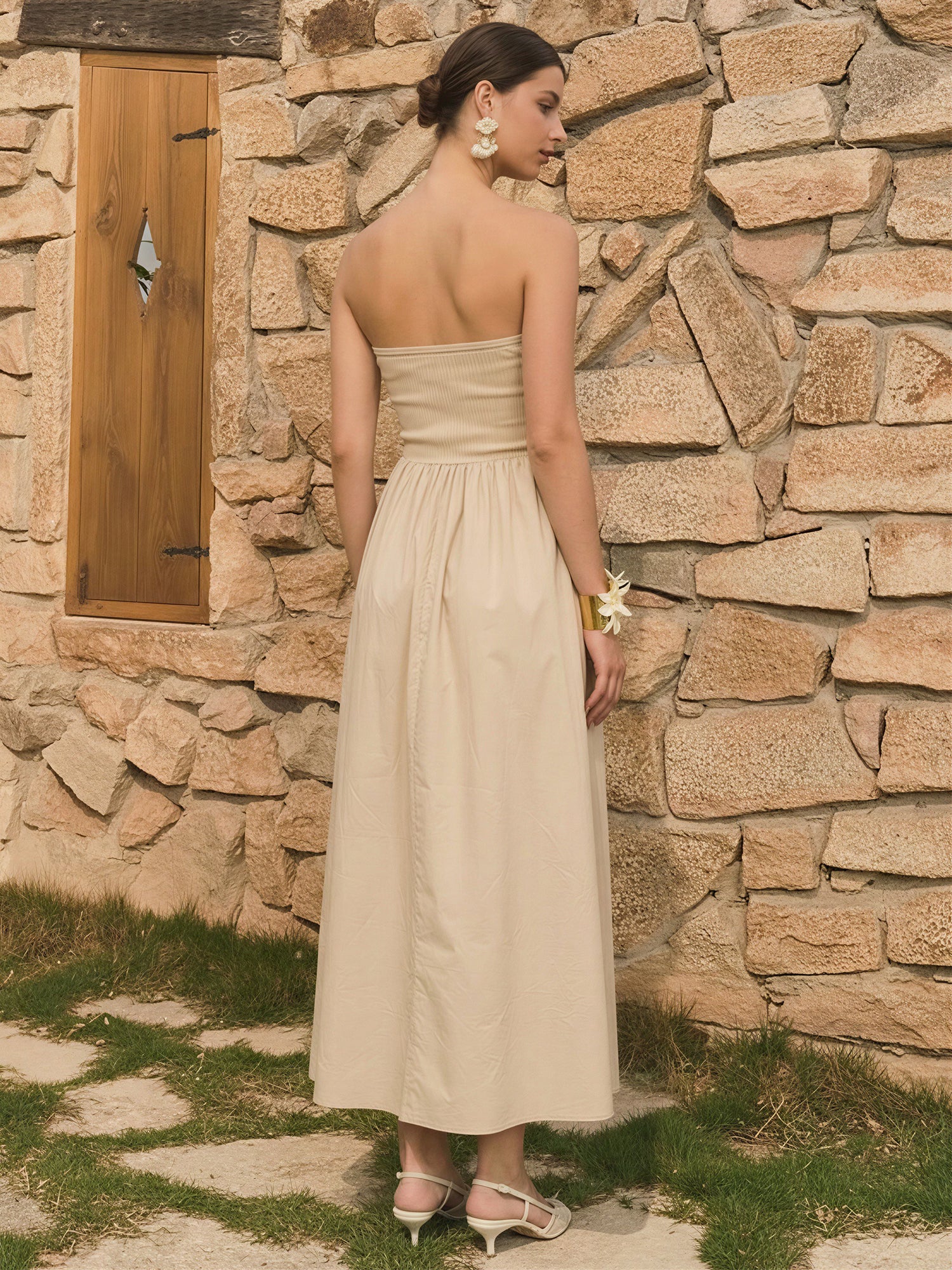 Strapless Mixed Media Poplin Fit And Flare Maxi Dress - Image 4
