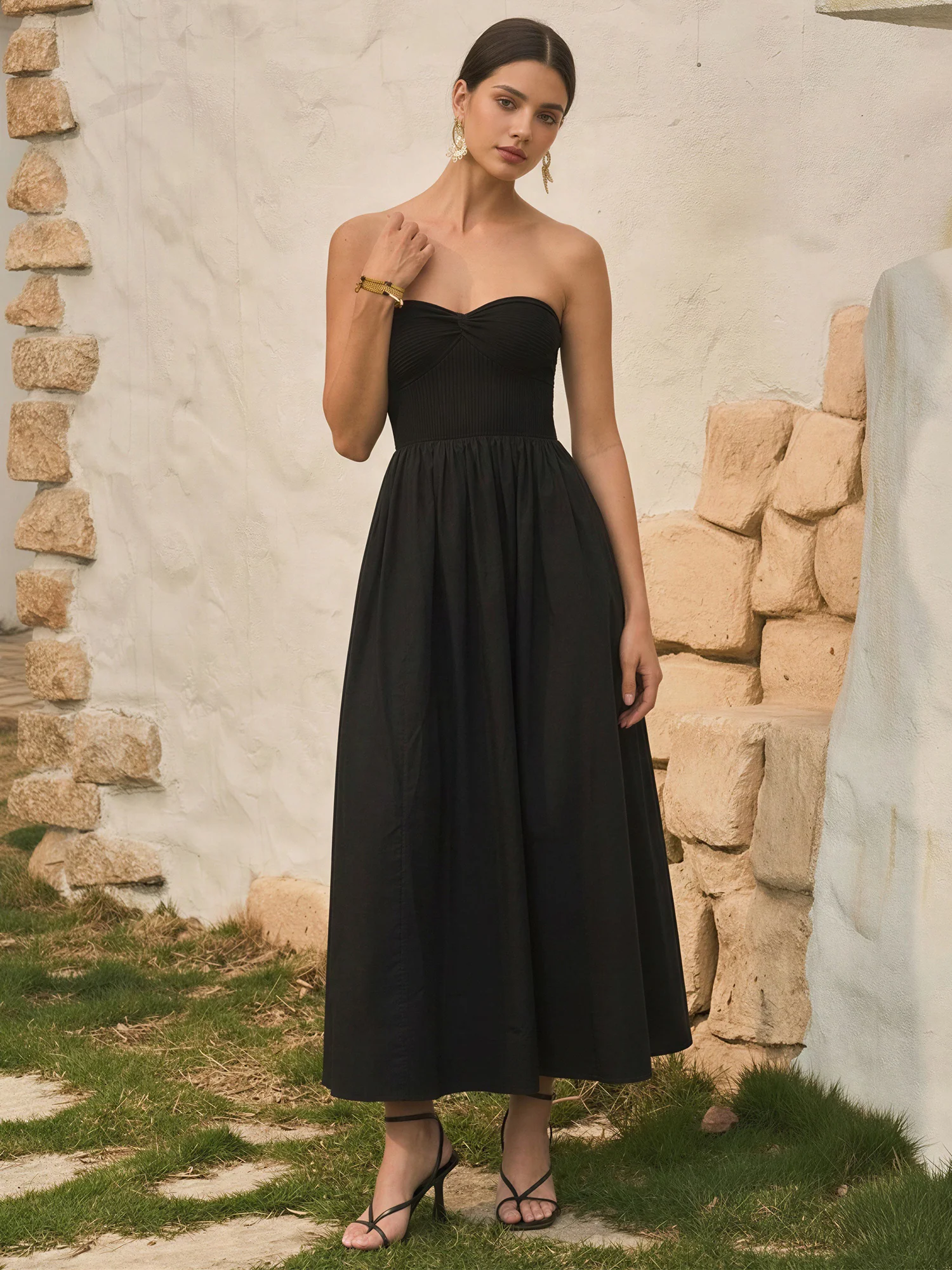 Strapless Mixed Media Poplin Fit And Flare Maxi Dress - Image 6