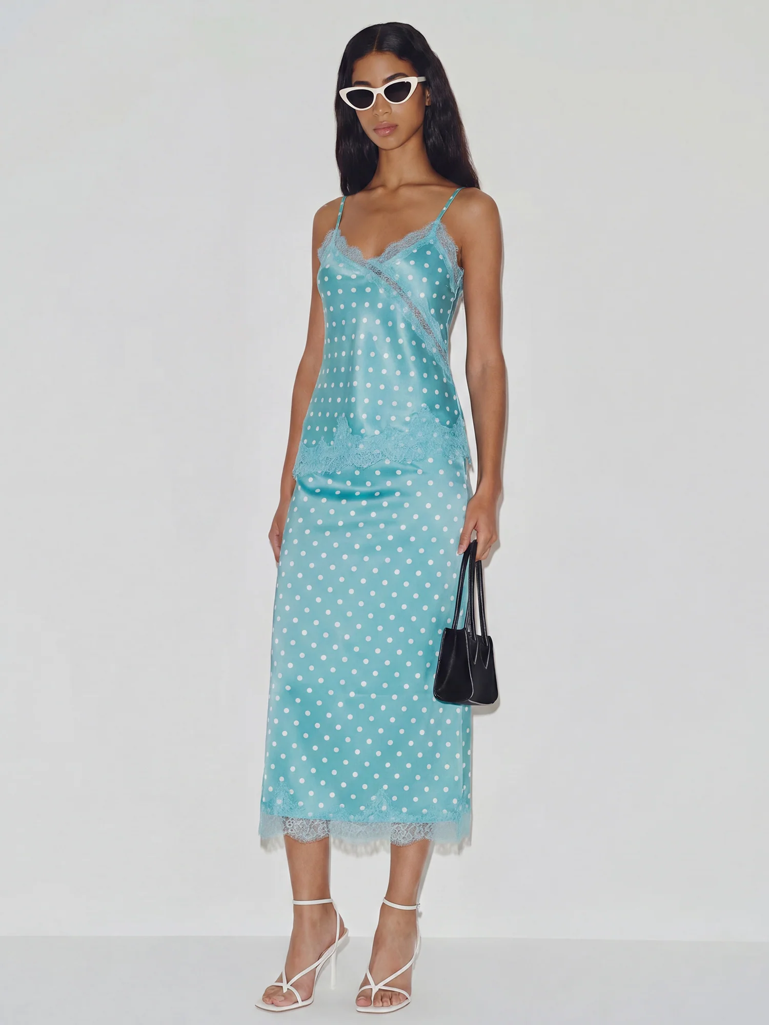 Stretch Satin Polka Dot Lace Midi Slip Skirt - Image 3