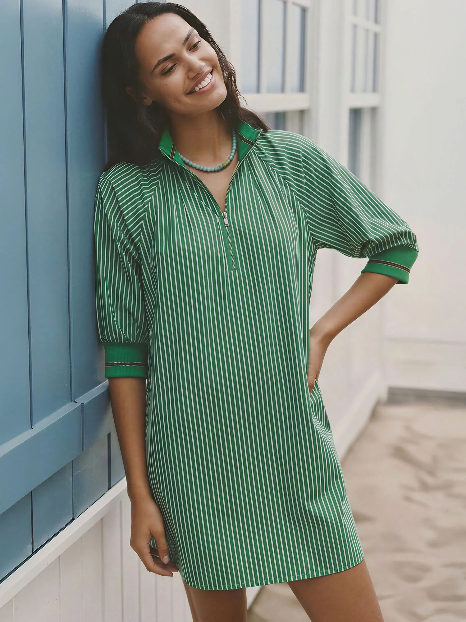 Stripe Collar Zip Front Stripe Shift Dress - Image 4