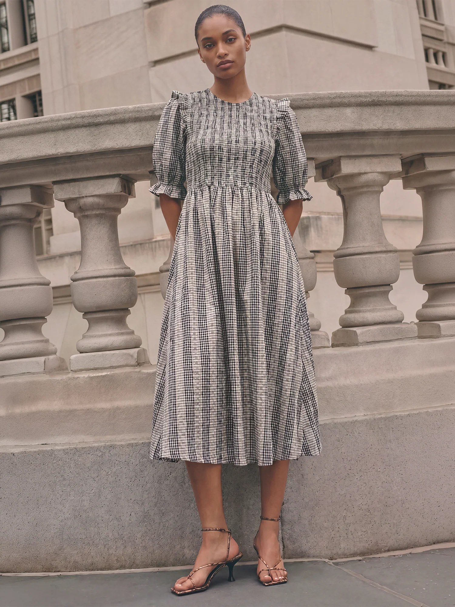 Striped Smocked Puff Sleeves Midi Dress