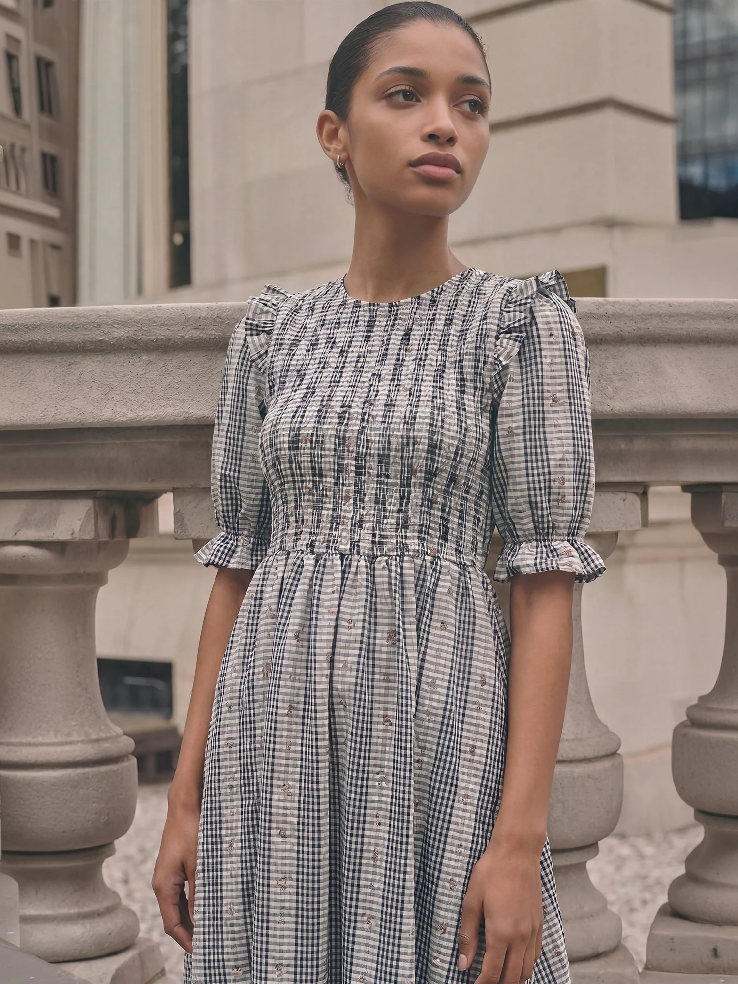 Striped Smocked Puff Sleeves Midi Dress - Image 2