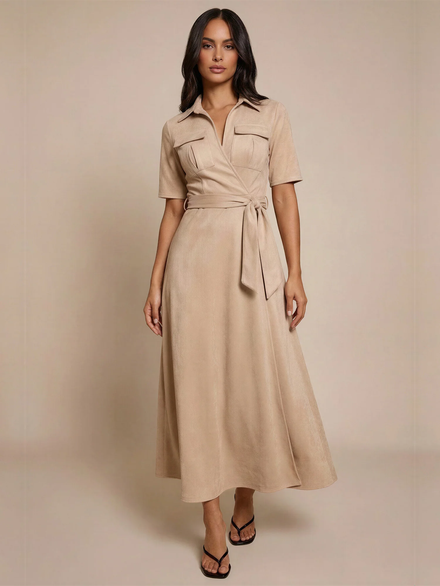 Suede Wrap Midi Dress