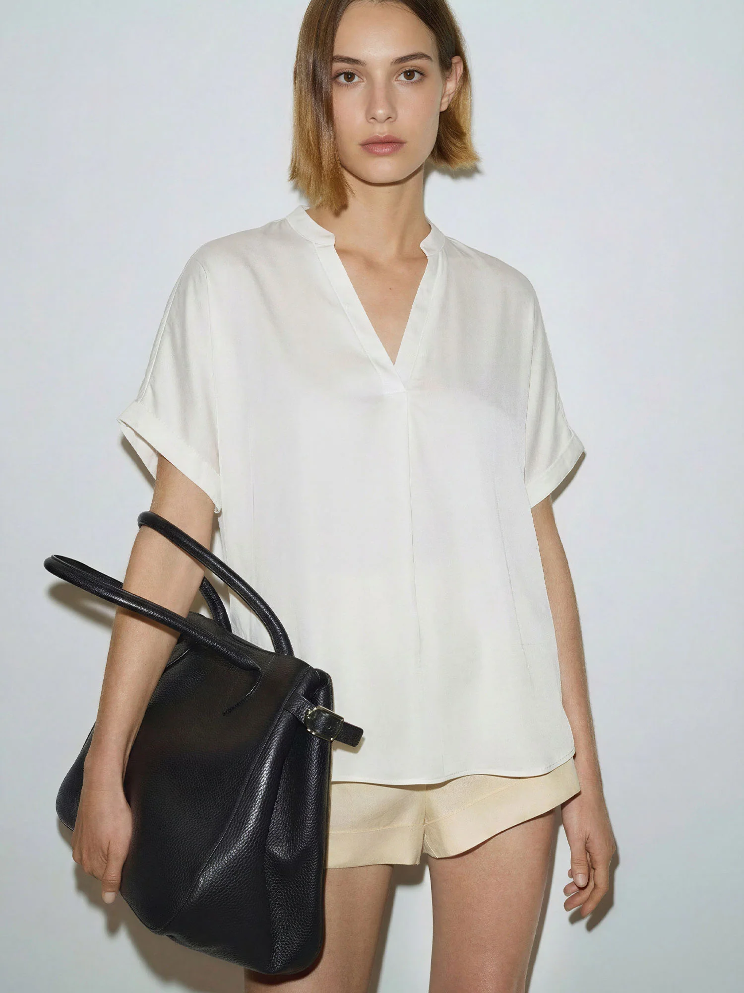 V-Neck Mandarin Collar Short Dolman Sleeves Flowy Top - Image 12