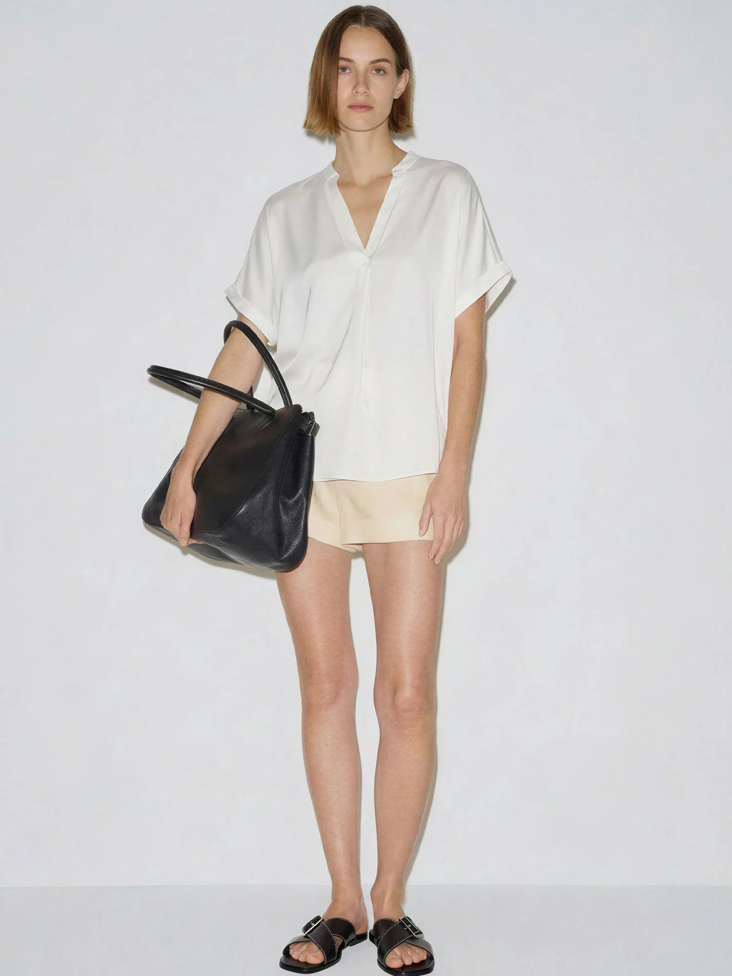 V-Neck Mandarin Collar Short Dolman Sleeves Flowy Top - Image 14