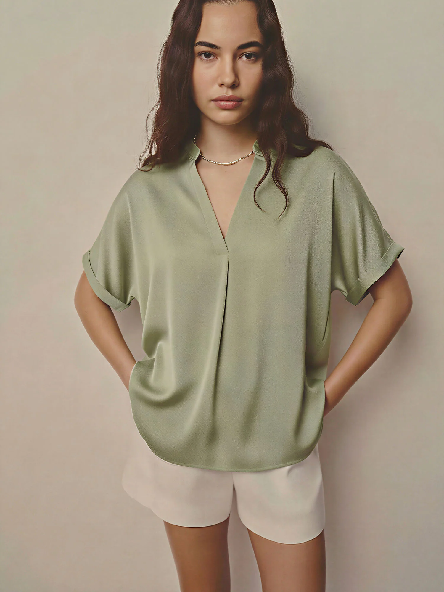V-Neck Mandarin Collar Short Dolman Sleeves Flowy Top - Image 3