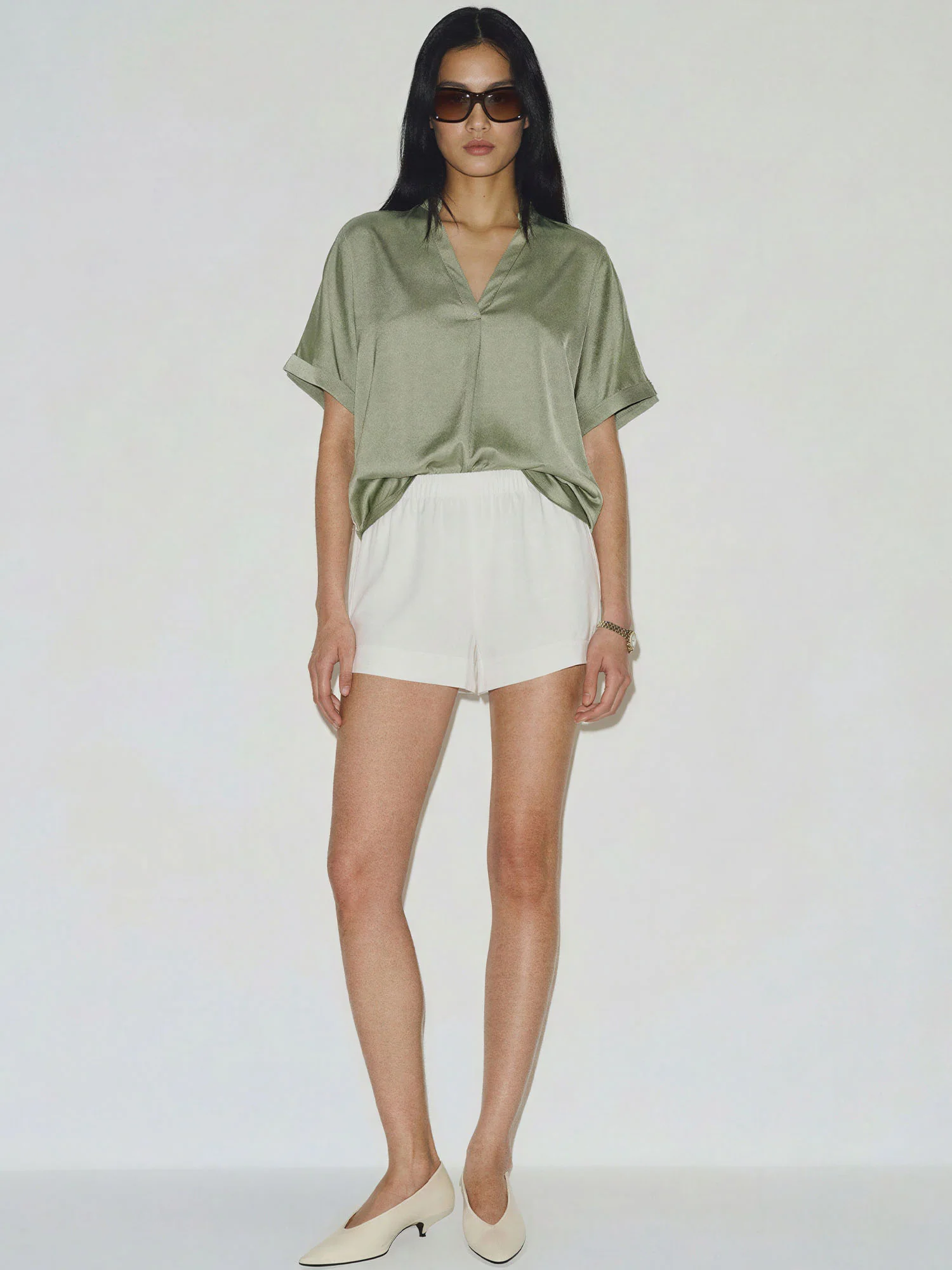 V-Neck Mandarin Collar Short Dolman Sleeves Flowy Top - Image 4