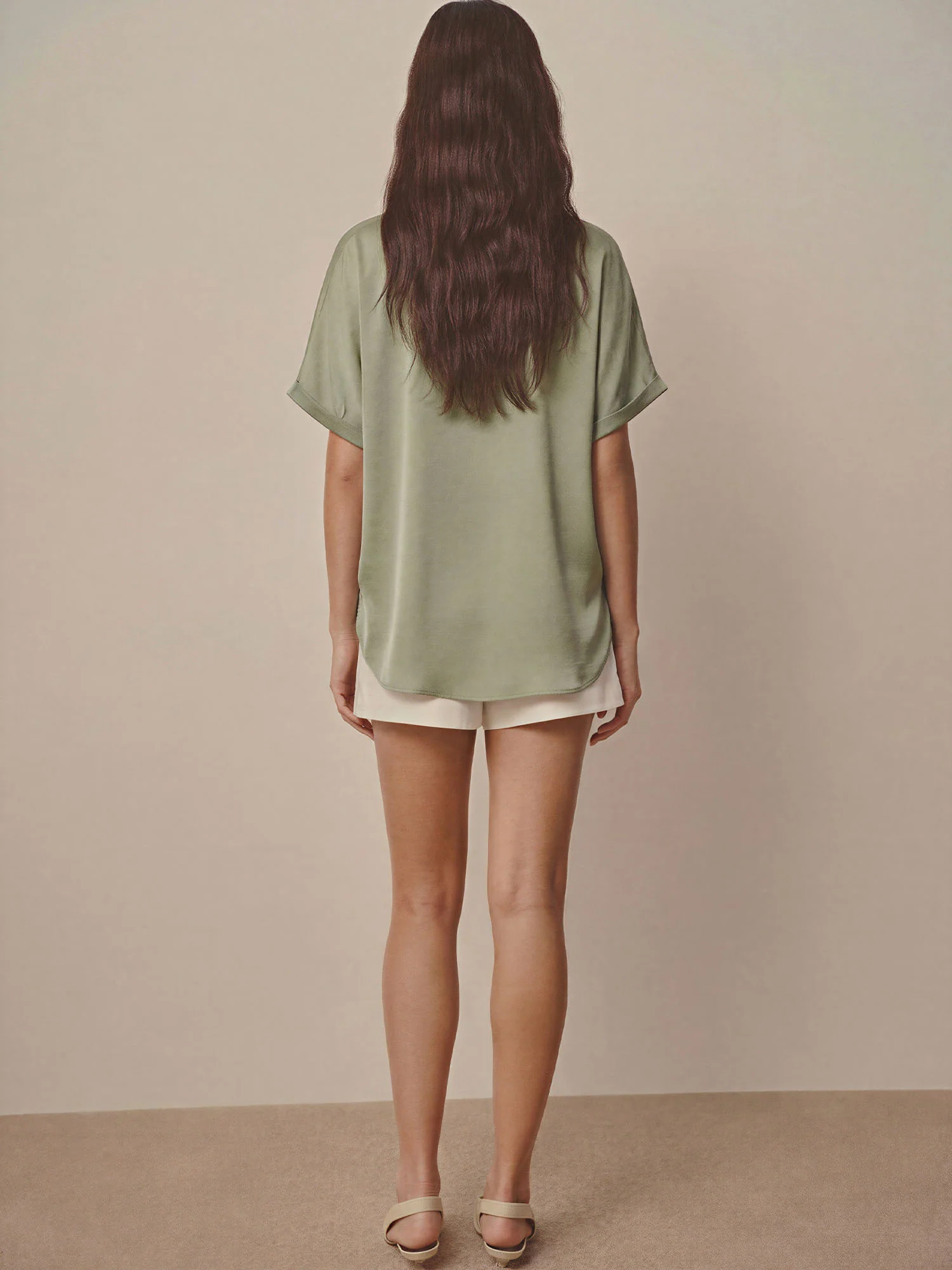V-Neck Mandarin Collar Short Dolman Sleeves Flowy Top - Image 5