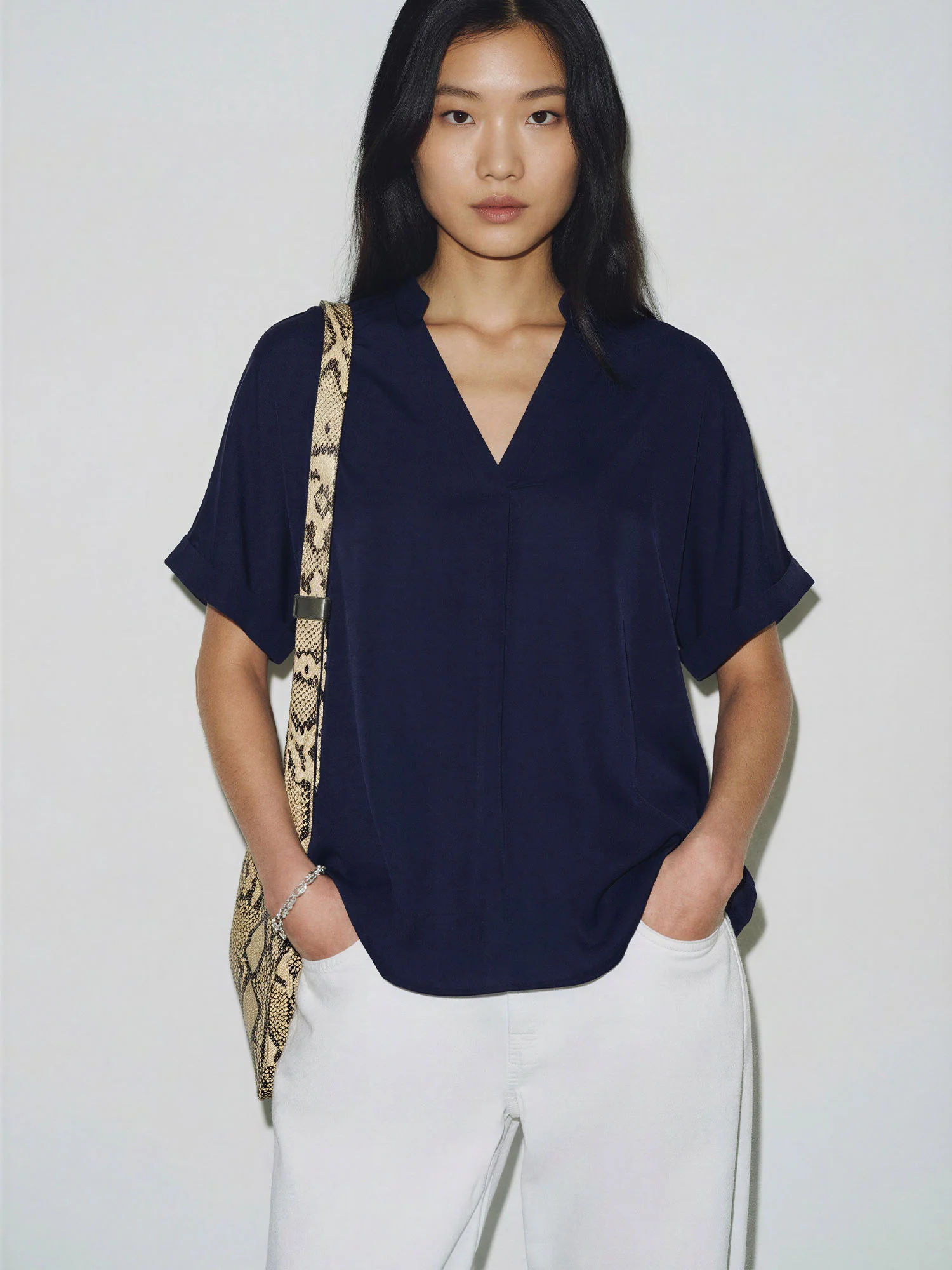 V-Neck Mandarin Collar Short Dolman Sleeves Flowy Top - Image 7