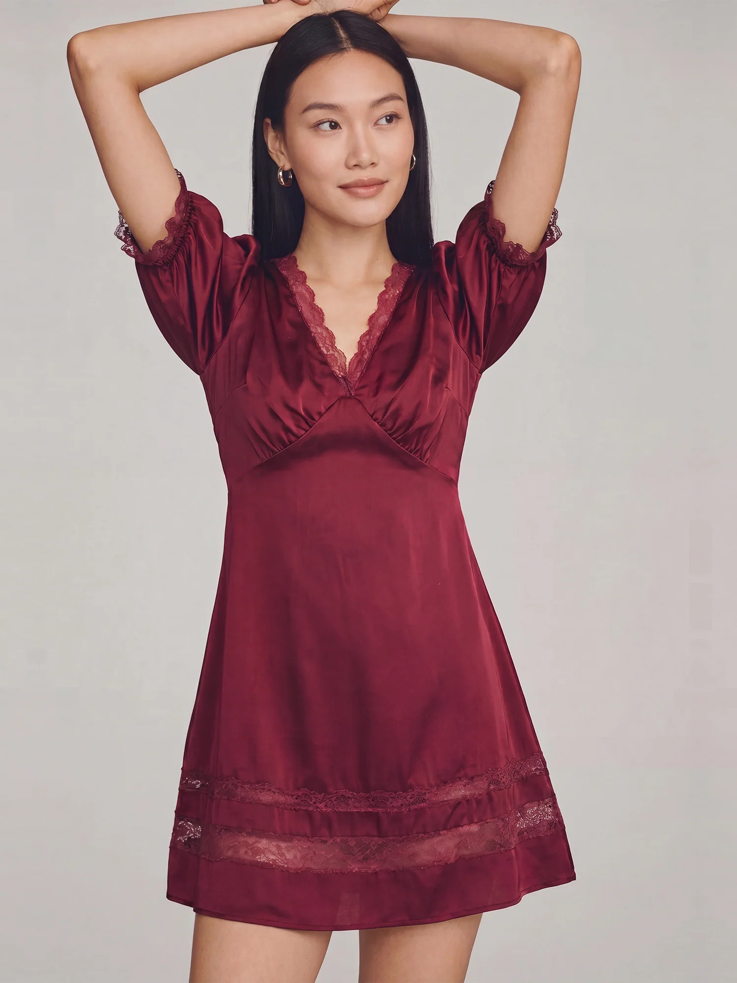 V-Neck Satin Lace Trimmed Short Sleeve Mini Dress