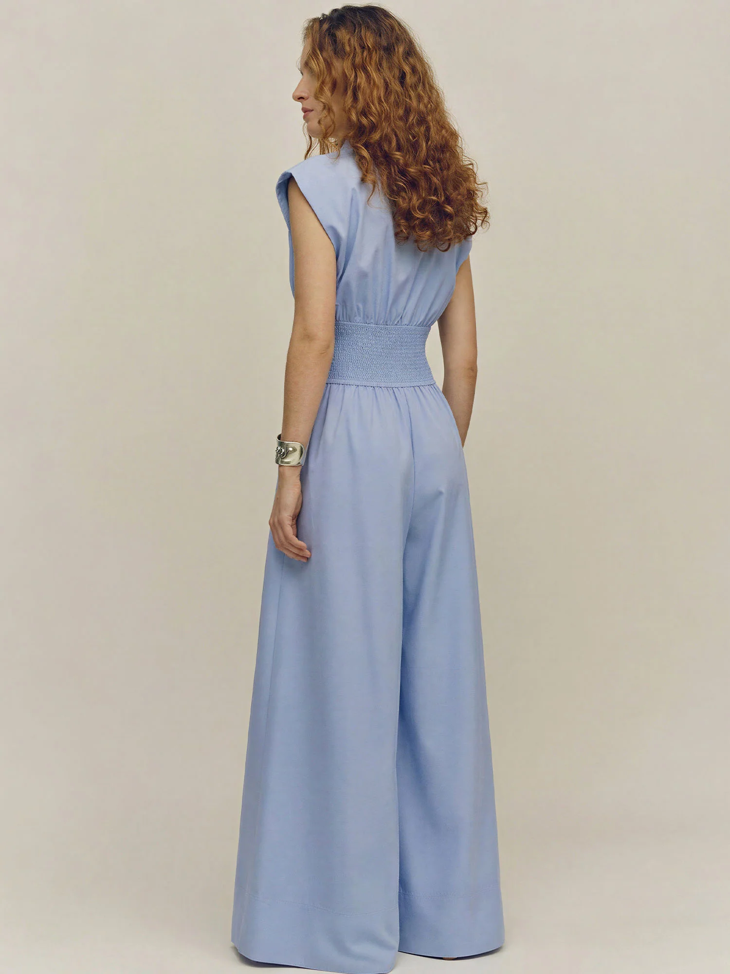 V-Neckline Front Zipper Smocked Waistband Jumpsuit - Image 3